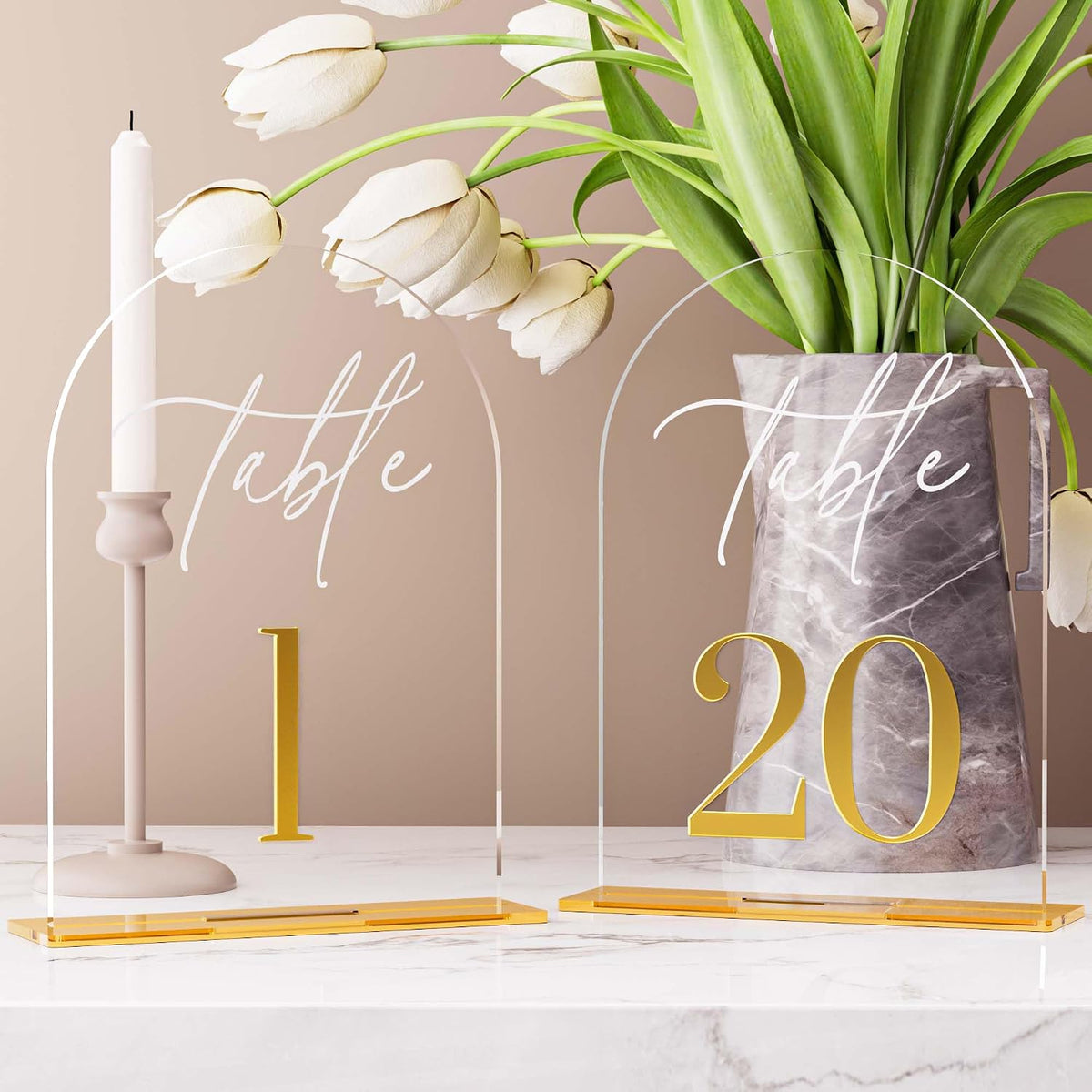 Arch Wedding Table Numbers 1-20 w/Stand, Gold 3D Table Numbers for Reception - 5.5" X 7" Elegant Acrylic Arch Sign with Holder, Perfect for Wedding, Anniversary, Banquet, and Event Decor