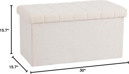 Seville Classics Cushioned Fabric Ottoman Hidden Storage Chest Footrest Chair, Padded Seat for Bedroom, Dorm, Loft, Living Room, Entryway, Hallway, White Boucle, 30" Bench
