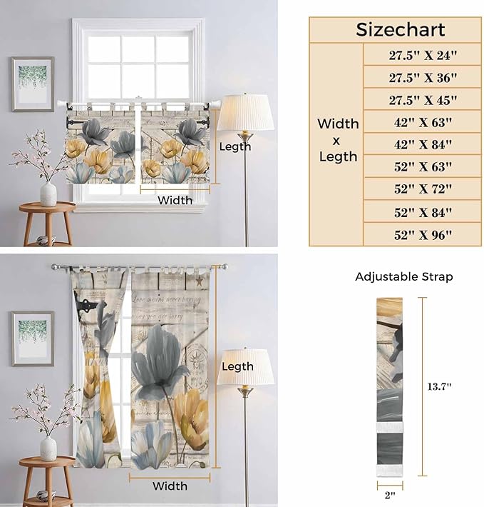 Spring Tulips Flower Bathroom Curtains 63 Inch Length, Window Curtains Tab Top, Vintage Floral Barn Doors Rustic Beige Light Filtering Window Treatments Drapes 52"x63" 2 Panel
