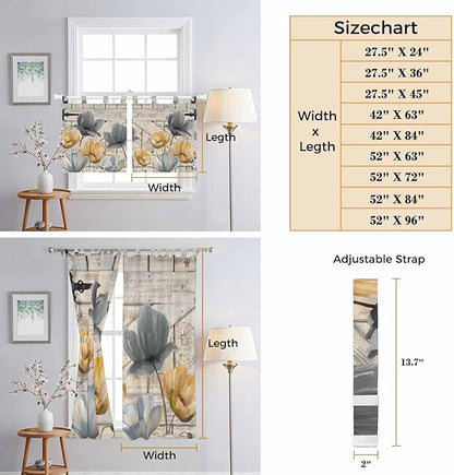 Spring Tulips Flower Bathroom Curtains 63 Inch Length, Window Curtains Tab Top, Vintage Floral Barn Doors Rustic Beige Light Filtering Window Treatments Drapes 52"x63" 2 Panel