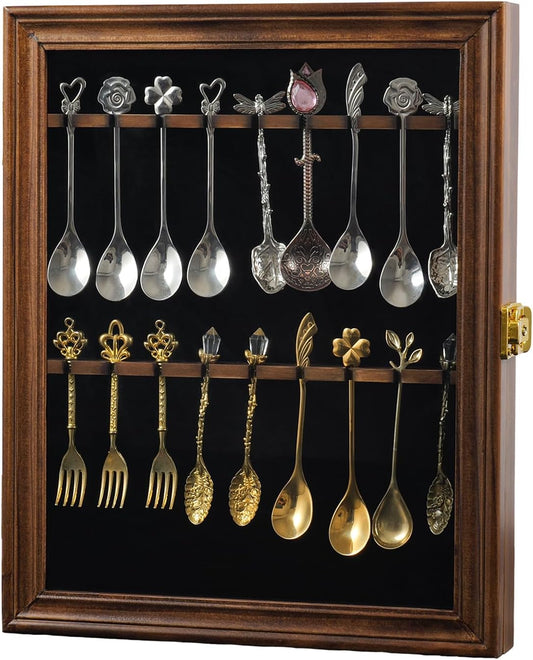 18 Souvenir Tea Spoon Display Case Wall Mount Lockable UV Protection Acrylic Door Wood Display Rack Stand for Spoon Collection(Fire Burning Color)