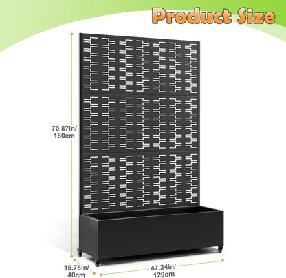 Metal Raised Garden Bed with Trellis, 2-in-1 Planter Box & Privacy Screen for Climbing Plants, Outdoor Standing Flower Bed with Drainage Holes, 47.2" L x 16.7" W x 70.8" H, Black-Brick