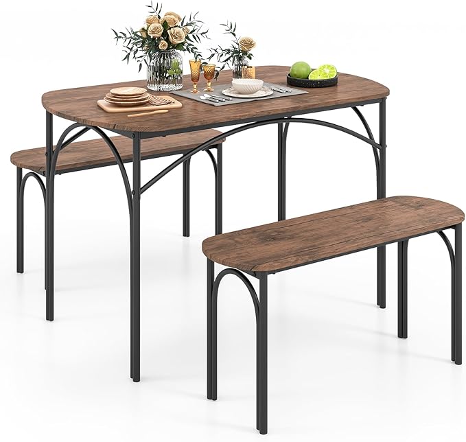 GOFLAME 3-Piece Dining Table Set for 4, Wooden Kitchen Table and 2 Benches Set with Metal Frame, Space-Saving Dinette Set for Living Room, Dining Room, Breakfast Nook, Small Space