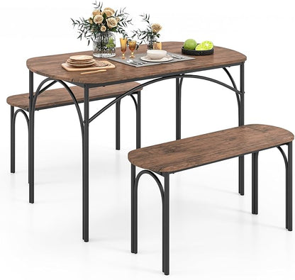 GOFLAME 3-Piece Dining Table Set for 4, Wooden Kitchen Table and 2 Benches Set with Metal Frame, Space-Saving Dinette Set for Living Room, Dining Room, Breakfast Nook, Small Space