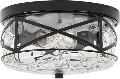 LamQee 9.8" Small Flush Mount Ceiling Light With Clear Hammered Glass, Black Hallway Light Fixtures Ceiling Mount for Bathroom, 2-Lights Farmhouse Close To Ceiling Light Kitchen Foyer Entryway Bedroom