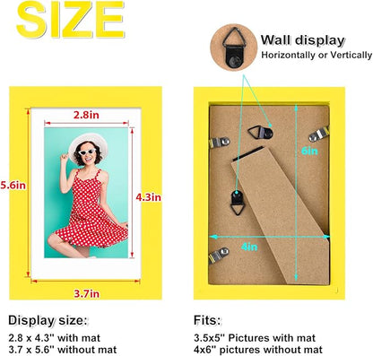 KINLINK 4x6 Picture Frames Yellow, Solid Wood Frames with Acrylic Plexiglass for 3.5x5 with Mat or 4x6 without Mat, Tabletop and Wall Display Photo Frame, Set of 4