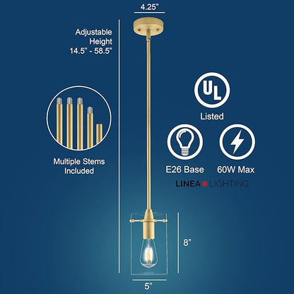 Satin Brass Pendant Lights Kitchen Island - Medium Clear Glass Pendant Light Fixture