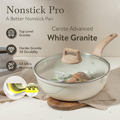 CAROTE 12Inch Nonstick Deep Frying Pan with Lid, 5.5 Qt Jumbo Cooker Saute Pan with Pour Spout, Skillet Induction Cookware, Non Stick Cooking Pan Kitchen Pan PFOA Free, White Granite
