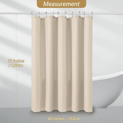 Beige Fabric Shower Curtain - Waffle Textured Heavy Duty Shower Curtains for Bathroom, 256GSM Hotel Spa Luxury Weighted Bath Curtain with 10 Hooks, 60x72, Beige