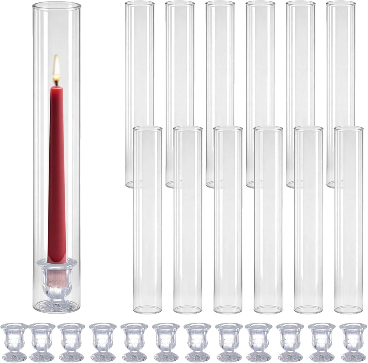 Glass Hurricane Candle Holders – 12 Clear Cylinder Covers & 12 Taper Candlestick Holders, 2.6" D x 13.8" H Windproof Candle Holders for Wedding, Patio Table, Outdoor Christmas Party Décor (12)
