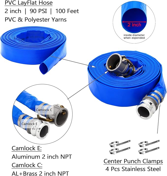 DAVCO 2" ID × 100 ft Pool Backwash Hose, Heavy Duty Reinforced Blue PVC Lay Flat Water Discharge Pump Hoses For Swimming Drain Pools and Clean Filters, with Aluminum Camlock C and E Fittings