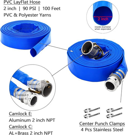 DAVCO 2" ID × 100 ft Pool Backwash Hose, Heavy Duty Reinforced Blue PVC Lay Flat Water Discharge Pump Hoses For Swimming Drain Pools and Clean Filters, with Aluminum Camlock C and E Fittings