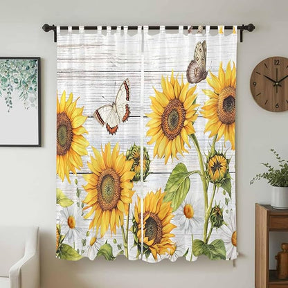 Yellow Sunflowers Living Room Curtains 96 Inch Length, Window Curtains Tab Top, Vintage Country Flowers Butterfly Wood Board Light Filtering Window Treatments Drapes 52"x96" 2 Panel