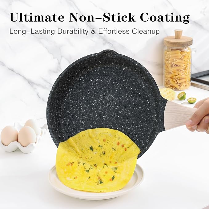 Nonstick Frying Pan Skillet with Lid, 9.5 Inch Granite Egg Omelet Pan, Healthy and Non Toxic, Induction Compatible, PFOA Free