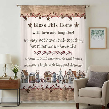 Farmhouse Sheer Curtains 54 Inch Length Country Star Barn Berry Brown Wood Plank Chiffon Curtain for Bedroom Living Room Light Filtering Rod Pocket Window Treatments Voile Curtains Drapes for Kitchen