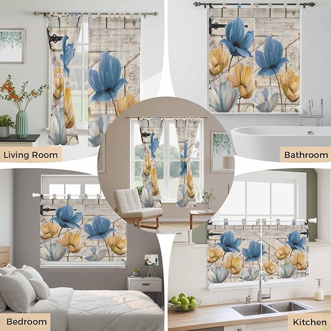 Blue Yellow Tulips Kitchen Curtains 36 Inch Length, Small Window Curtains Tab Top, Retro Farmhouse Flower Barn Doors Wooden Light Filtering Short Window Treatments Tier Drapes 27.5"x36" 2 Panel