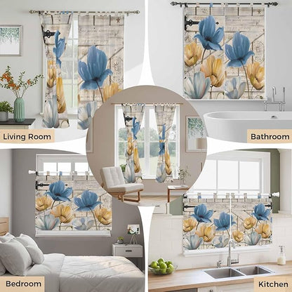 Blue Yellow Tulips Bedroom Curtains 72 Inch Length, Window Curtains Tab Top, Retro Farmhouse Flower Barn Doors Wooden Light Filtering Window Treatments Drapes 52"x72" 2 Panel