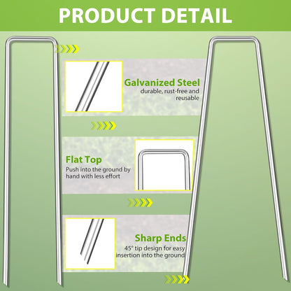 Landscape Staples 8 Inch, 50 Pack 8 Gauge Galvanized Garden Staples U-Shaped Landscape Stakes, Heavy Duty Ground Stakes for Outdoor Decorations, Weed Barrier Fabric, Irigation Tubing, Tent