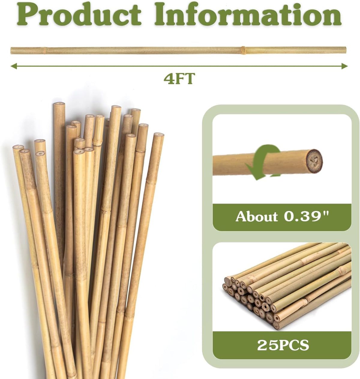 Plant Stakes 4FT, Natural Bamboo Stakes, HAINANSTRY 25Pcs Sturdy Bamboos Garden Stake, Bamboo Sticks for Plants, Beans, Indoor and Outdoor Climbing Plants, Tomato Vegetable Stakes for Garden