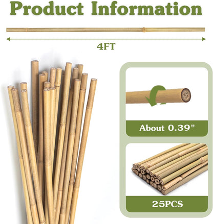 Plant Stakes 4FT, Natural Bamboo Stakes, HAINANSTRY 25Pcs Sturdy Bamboos Garden Stake, Bamboo Sticks for Plants, Beans, Indoor and Outdoor Climbing Plants, Tomato Vegetable Stakes for Garden