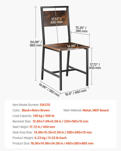 VEVOR Dining Chairs Set of 2, Wooden Chairs with Metal Frame and Backrest, Easy to Assemble Leather Side Chair, Modern Farmhouse Walnut Chair for Kitchen Living Room, Rustic Brown and Black