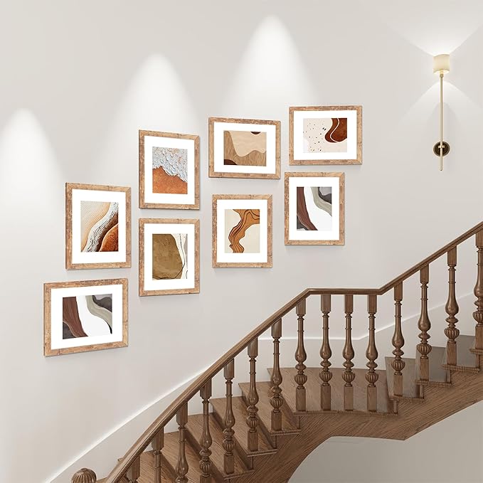10x14 Picture Frame Set of 4 with Tempered Glass, Rustic Brown Frame Display 8x12 Pictures with Mat or 10 x 14 Without Mat, Wooden Photo Frames for Wall Mounting