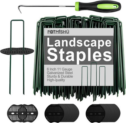 FOTMISHU Landscape Staples 6 Inch 20pcs Garden Stakes + 20pcs Gasket, Lawn Pins with Spray Coating Craft, 11Gauge Anti-Rust Ground Yard Spikes Anchoring for Outdoor Tents Irrigation Hoses (Green)