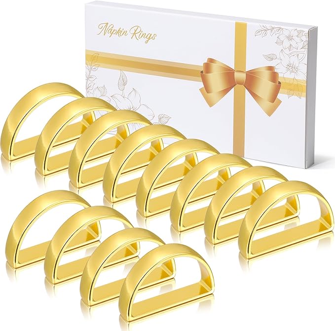 KPOSIYA Napkin Rings Set of 12, Metal Gold Napkin Rings Bulk for Table Settings, D-shape Napkin Holders Rings for Dinner Table Decor, Easter, Fall,Thanksgiving, Christmas, Party,（Brilliant Gold12 pcs）