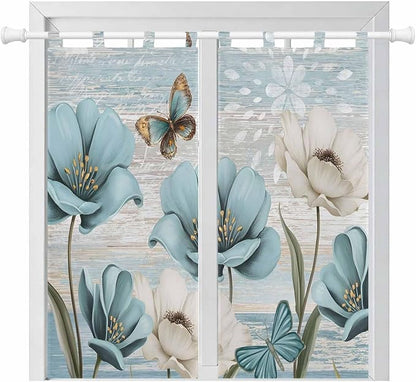 Spring Floral Bathroom Curtains 63 Inch Length, Window Curtains Tab Top, Vintage Tulips Flower Butterfly Retro Wood Blue Light Filtering Window Treatments Drapes 52"x63" 2 Panel