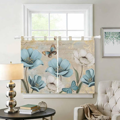 Spring Flowers Bedroom Curtains 63 Inch Length, Window Curtains Tab Top, Vintage Rustic Tulips Floral Butterfly Khaki Light Filtering Window Treatments Drapes 42"x63" 2 Panel