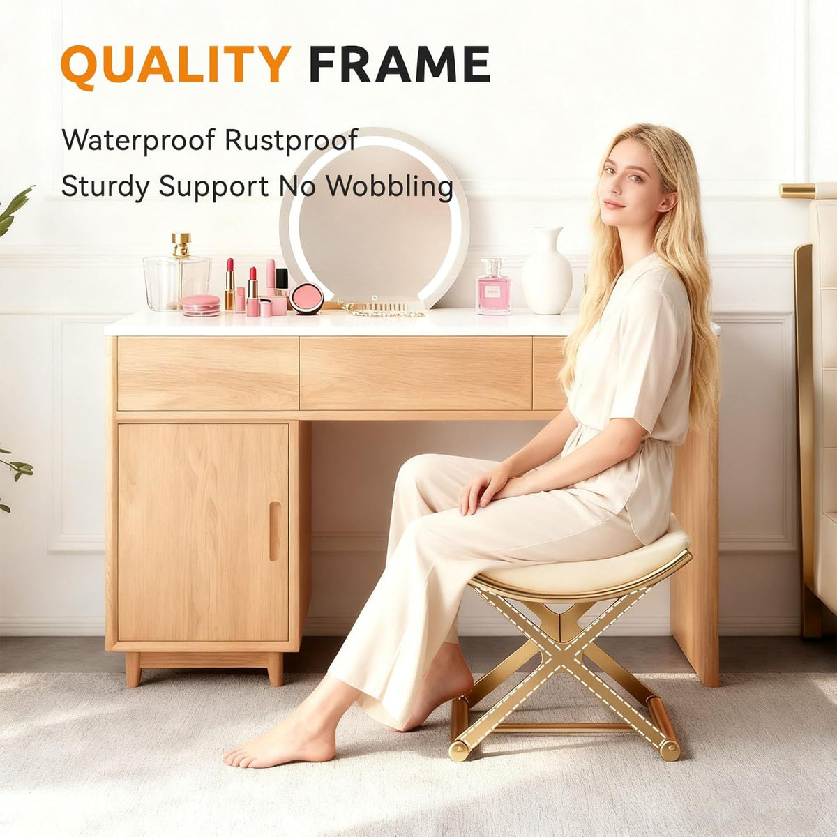 Lefedrasticity Gold Vanity Stool Chair Makeup Stool with Leather Cushioned Small Ottoman Foot Rest Modern Make Up Chair Upholstered Vanity Ottoman for Bedroom Living Room Bathroom Couch