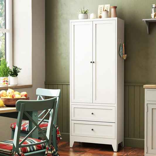 White Pantry Cabinet, Freestanding Kitchen Storage Cabinet with 2 Drawers & 2 Adjustable Shelves, Steel Cabinet with Magnetic Doors, for Small Kitchen Pantry Room, 27.6x13.8x72 Inches