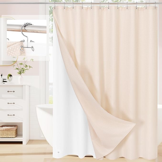 3 in 1 Shower Curtain Set, Blush Pink Waffle Shower Curtain and PEVA Liner Set with 12 Stainless Steel Shower Curtain Hooks, Waterproof Shower Curtains for Bathroom, 72 W x 72 H