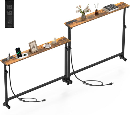 2 Pack Behind Couch Table with Charging Station, 78.8" Long Narrow Sofa Table, 8-Level Adjustable Height (23.6"-33.5"), Slim Side Table with USB-C & Outlets for Living Room, Rustic Brown