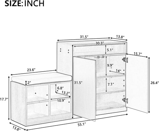 Modern Storage Cabinet with Shoe Bench, 2 Doors and 3-Tier Adjustable Shelves, Entryway Bench with 4 Open Shoe Racks and Removeble Cushion, Console Table with Wavy Slatted Door and Hooks (Beige+Black)