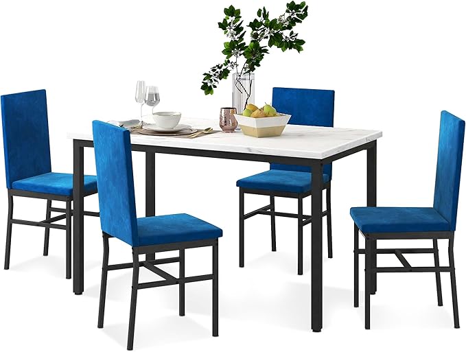 Dining Table Set for 4, 47.2" Faux Marble Kitchen Table Set with 4 Upholstered Velvet Chairs, Dinette Table Set for Dining Room, Kitchen, Breakfast Corner (Blue)