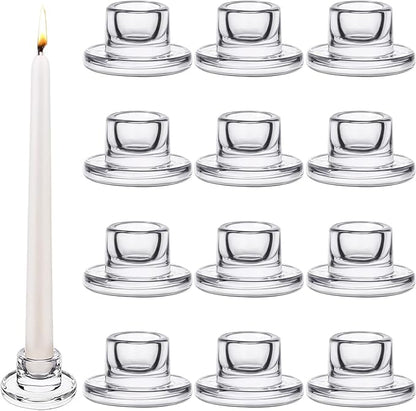 12 PCS Glass Taper Candle Holders Bulk Candlestick Holders Clear Short Tapered Candle Stick Holder Decor Set for Table Centerpiece Wedding Party Advent Christmas Home Decorations (12, Clear)