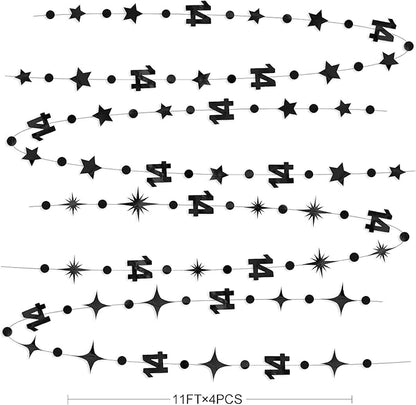 Black 14th Birthday Decorations Number 14 Circle Dot Star Garland Metallic Hanging Streamer Banner Backdrop for Girls Boys Happy 14 Years Old Fabulous Birthday Fourteen Anniversary Party Supplies