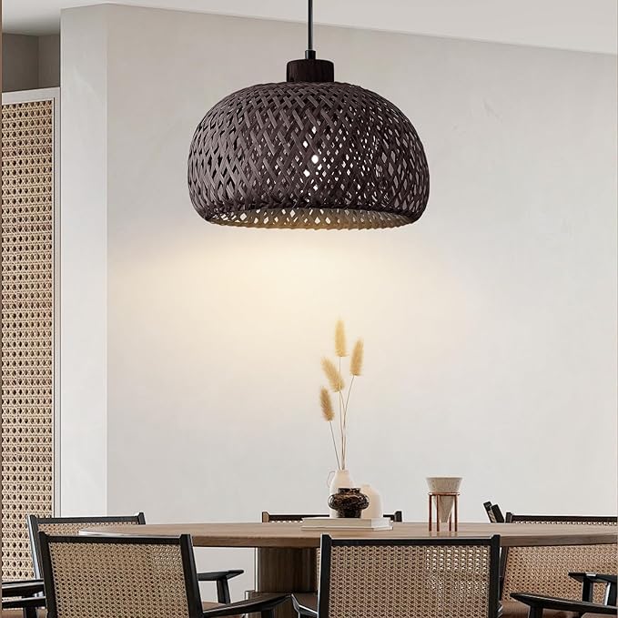 Black Bamboo Pendant Light, 11.8inch Hand-Woven Natural Wicker Rattan Farmhouse Lamp, Boho Hanging Chandelier, Rustic Kitchen Island Ceiling Pendant Light for Living Room, Dining, Foyer