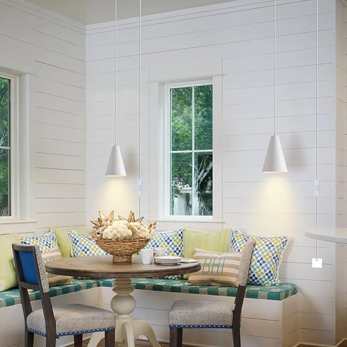 White Plug In Pendant Lights Kitchen Island,Dining Room Light Fixtures Over Table 1 Pack with Cone Metal Shade, Modern Farmhouse Mini Chandeliers with Cord On/Off Switch Hanging Lighting for Sink