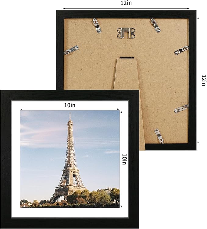 12x12 Picture Frame Set of 4 with Tempered Glass, Black Frame Display 10x10 Picture with Mat or 12 x 12 Without Mat, Wood Square Photo Frames for Desktop Display and Wall Mounting