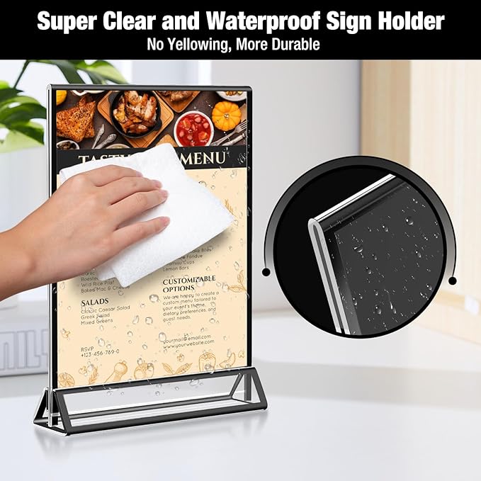 Acrylic Black Sign Holders 4x6, 12 Pack Wedding Black Table Number Holders, Double Sided Photo Display Picture Frame Paper Stand, Clear Flyer Stand Menu Holder for Wedding, Home, Party, Restaurant