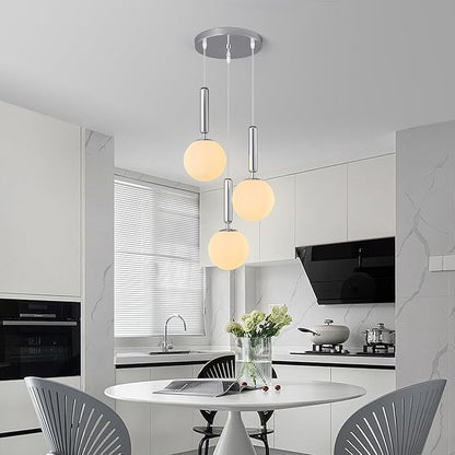 Modern Chrome Pendant Light Hanging Fixture Light for Kitchen Island Mid Century with Globe Pendant Light Milk White Glass Pendant Lighting for Living Room Bedroom Entryway (3 Lights)