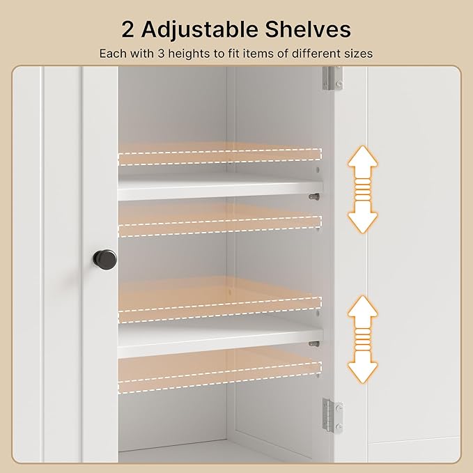 Gizoon 40" H Bathroom Storage Cabinet, Freestanding Organizer with 2 Doors, 2 Adjustable Shelves, Floor Pantry Cabinet for Dining Room, Kitchen, Living Room, Hallway, White