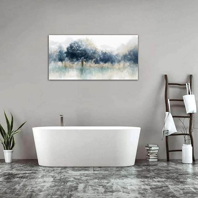 Foggy Forest Canvas Wall Art - Indigo Blue Abstract Trees Pictures for Wall Decor Nature Canvas Painting Modern Printing Artwork for Living Room Bedroom Home Office Wall Decoration 20" x 40"