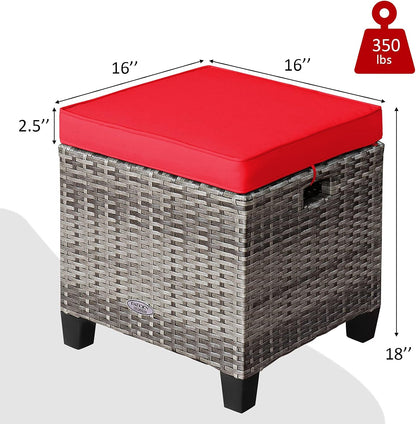 RELAX4LIFE 2-Piece Patio Rattan Ottomans - Outdoor Wicker Furniture w/ 2 Footrest Stools, Comfortable Cushions & Steel Metal Frame, All-Weather Patio Set for Backyard,Garden (Red)