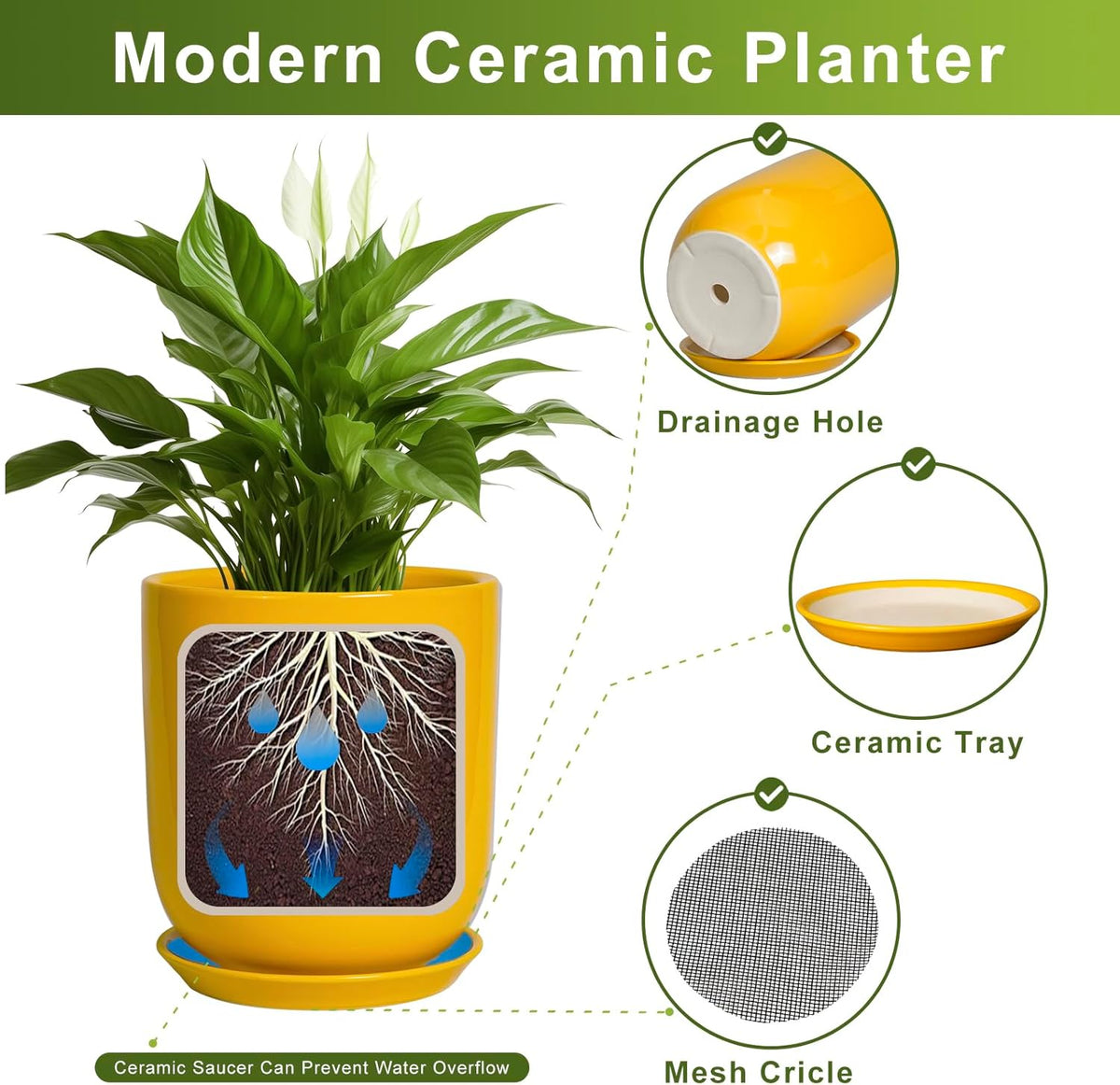 Ceramic Pot for Plants - 10 Inch Plant Pot Indoor with Drainage Hole and Saucer Large Planter for Outdoor Plants Cylinder Decorative Flower Pot Yellow
