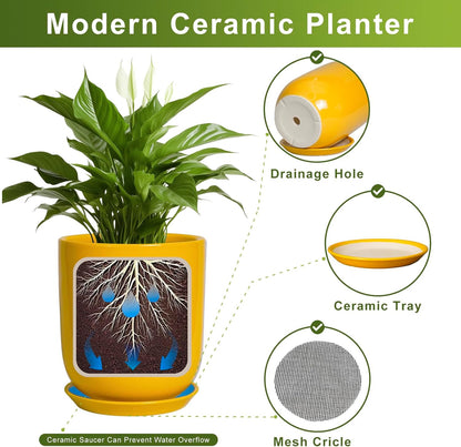 Ceramic Pot for Plants - 10 Inch Plant Pot Indoor with Drainage Hole and Saucer Large Planter for Outdoor Plants Cylinder Decorative Flower Pot Yellow