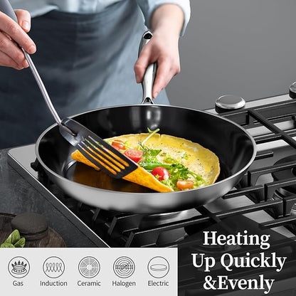 Stainless Steel Frying Pan with Lid 12 inch Titanium Ceramic Nonstick Frying Pan,Skillet with Stay-Cool Handle Non Toxic Healthy Ceramics Egg Pans,PFAS PFOA PTFE Free,Suitable for All Stove