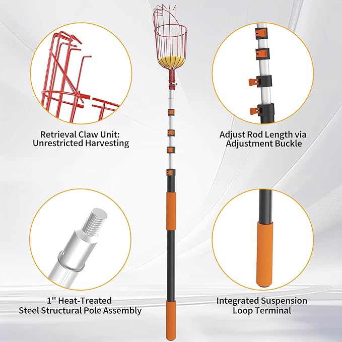 26FT Reach Fruit Picker Pole, Telescopic Picking Pole with Gentle Grip Claw & Collapsible Basket, Adjustable Apple Picker Pole Tool for Avocado Orange Lemon Pear Mango